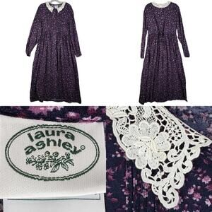 Vintage Laura Ashley Dress Modest Maxi Floral Lace Collar Button Cottage Size 10